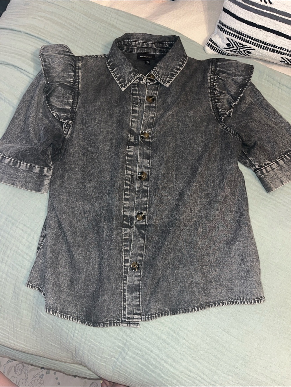 Who What Wear Washed Black Stone Washed Button-Up Top with Ruffle Shoulders